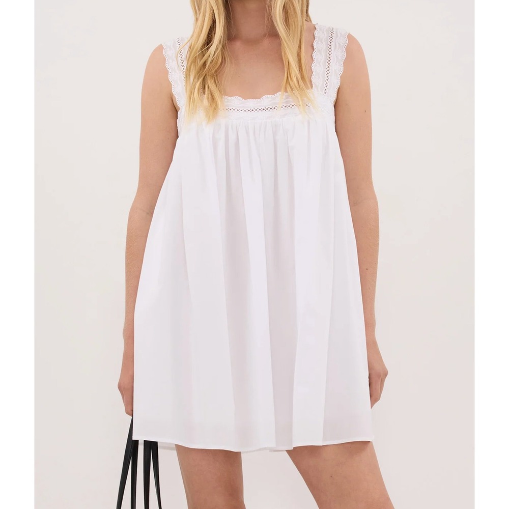 NEW DISSH Miranda Lace Trim Mini Dress White Babydoll Square Neck Size US 4